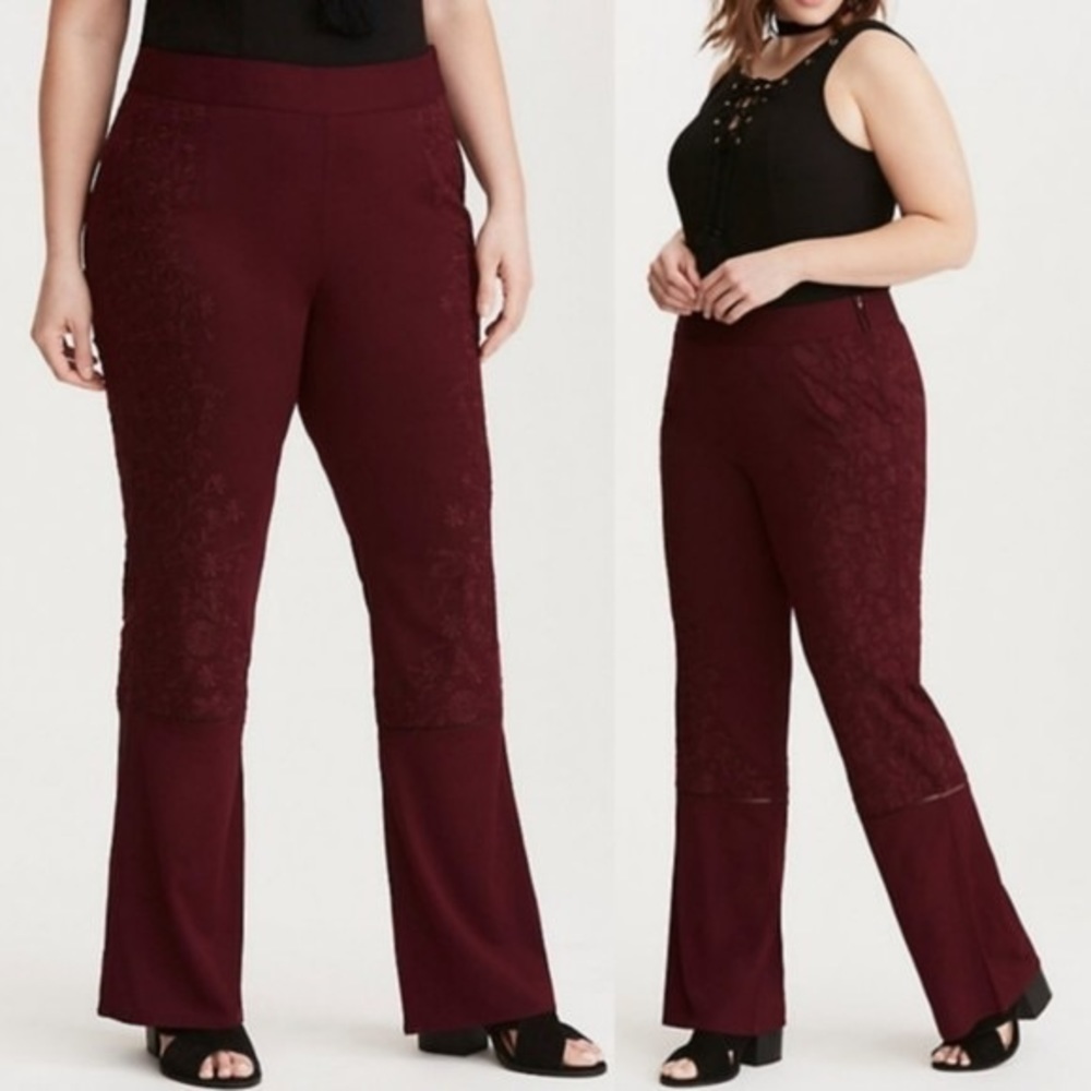Torrid Insider Collection Floral Embroidered Flare Pants in Wine Purple